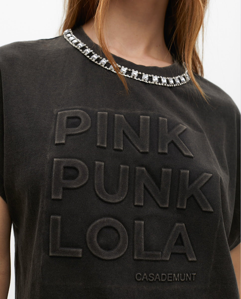 Short Sleeve T-Shirt Washed Fabric with Neck Jewel Detail