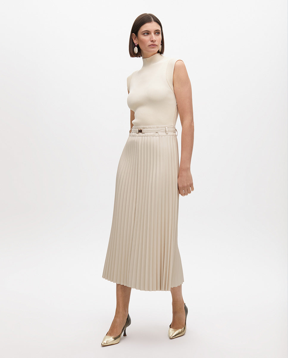 Midi Dress with Leather Effect Pleated Skirt