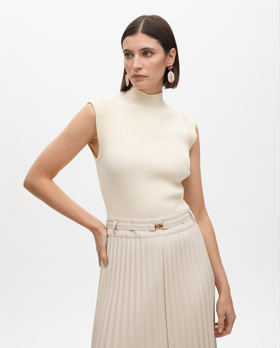 Midi Dress with Leather Effect Pleated Skirt