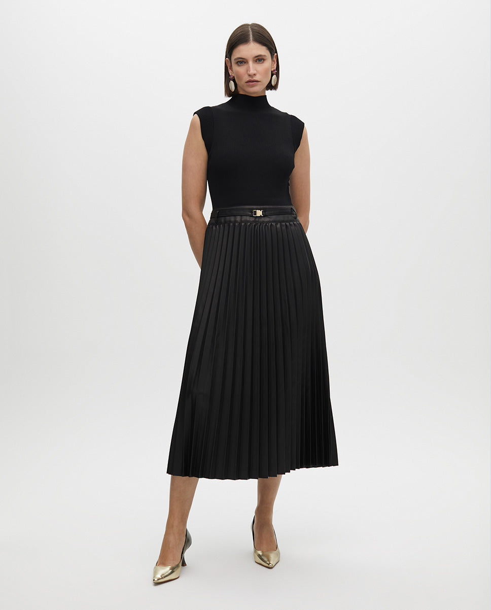 Midi Dress with Leather Effect Pleated Skirt