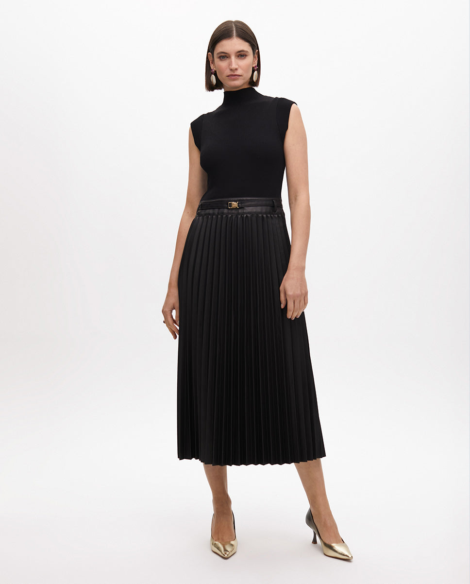 Midi Dress with Leather Effect Pleated Skirt