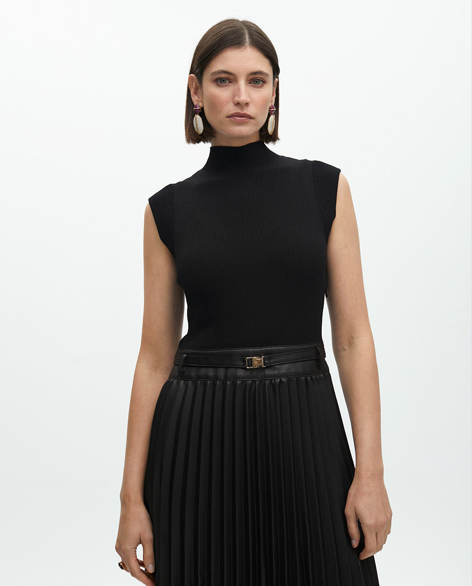 Midi Dress with Leather Effect Pleated Skirt