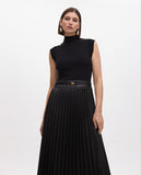 Midi Dress with Leather Effect Pleated Skirt
