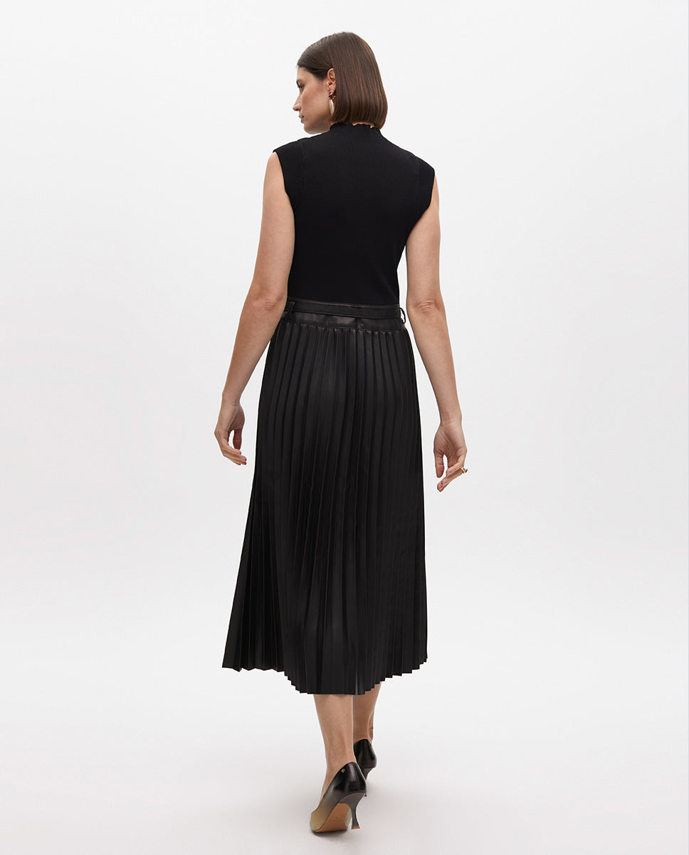 Midi Dress with Leather Effect Pleated Skirt