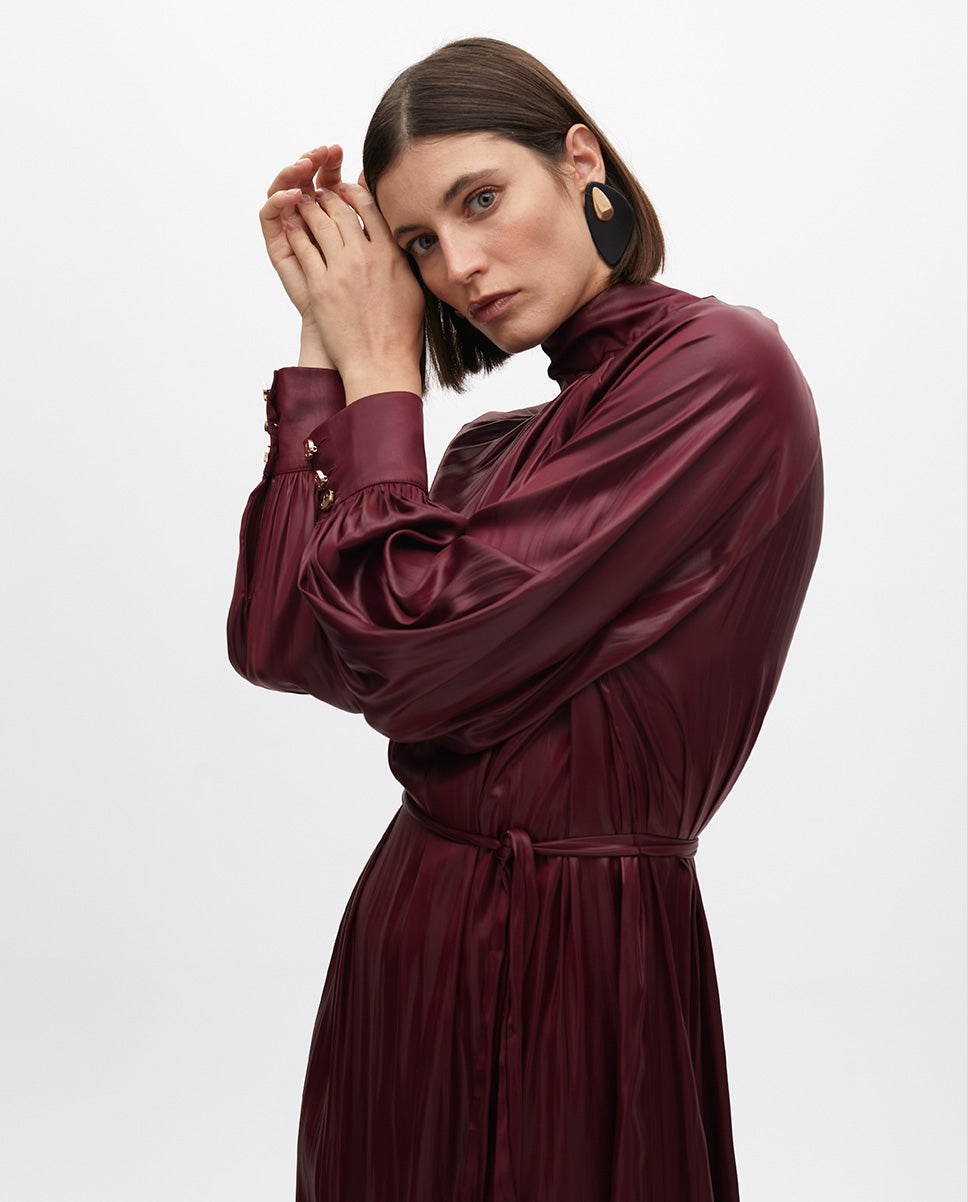 High Neck Dress with Waxed Effect Belt