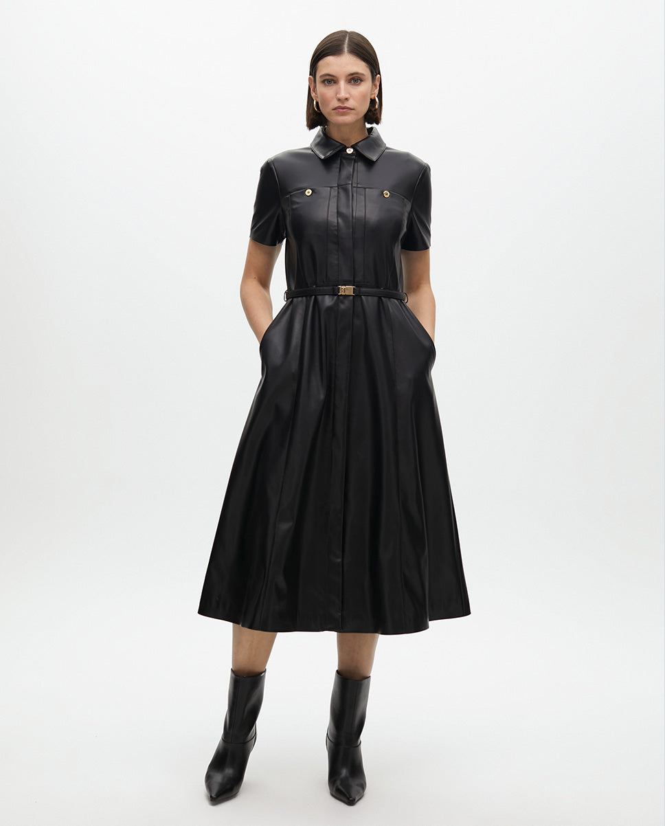Faux Leather A-line Dress with Belt