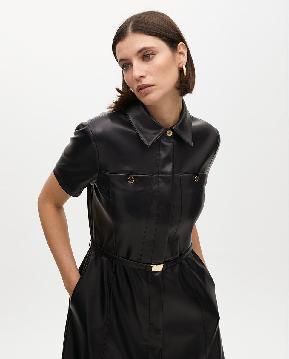 Faux Leather A-line Dress with Belt