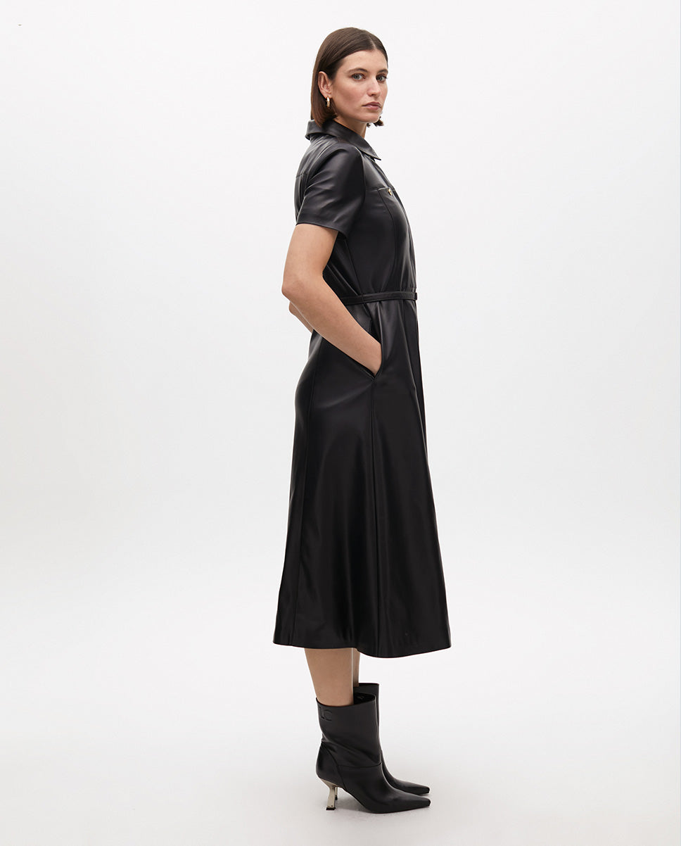 Faux Leather A-line Dress with Belt