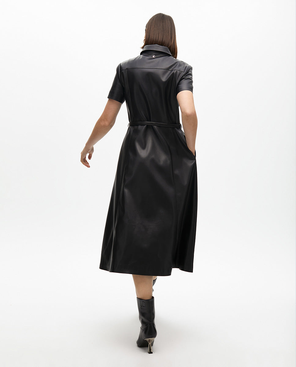 Faux Leather A-line Dress with Belt