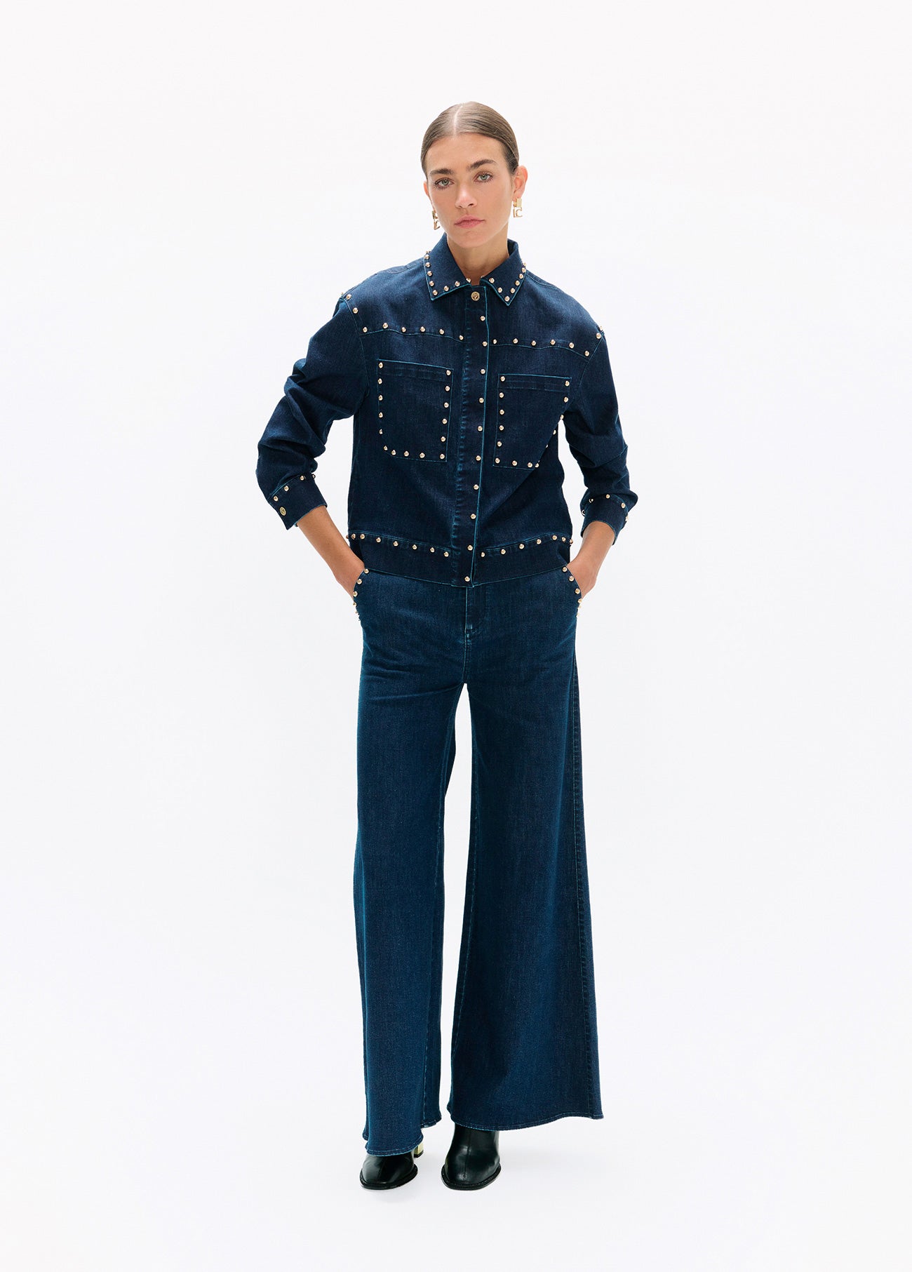 lf2602014-Studded denim jacket-Blue-Denim