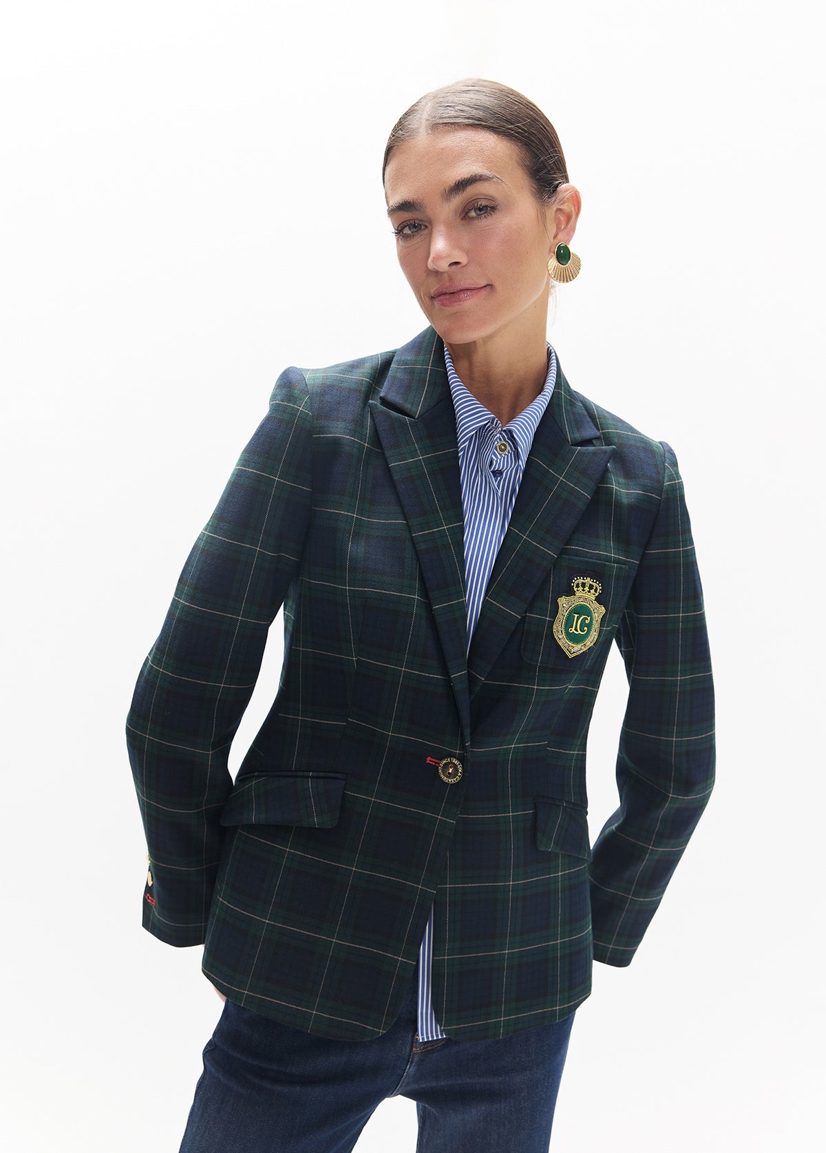 lf2602017-Plaid blazer with shield-Blue-Green