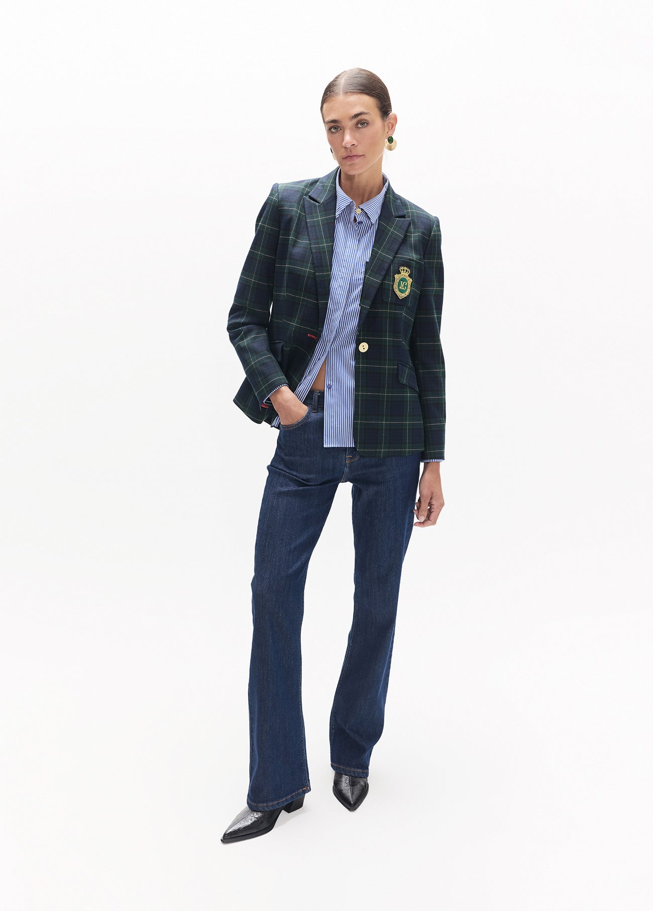 lf2602017-Plaid blazer with shield-Blue-Green