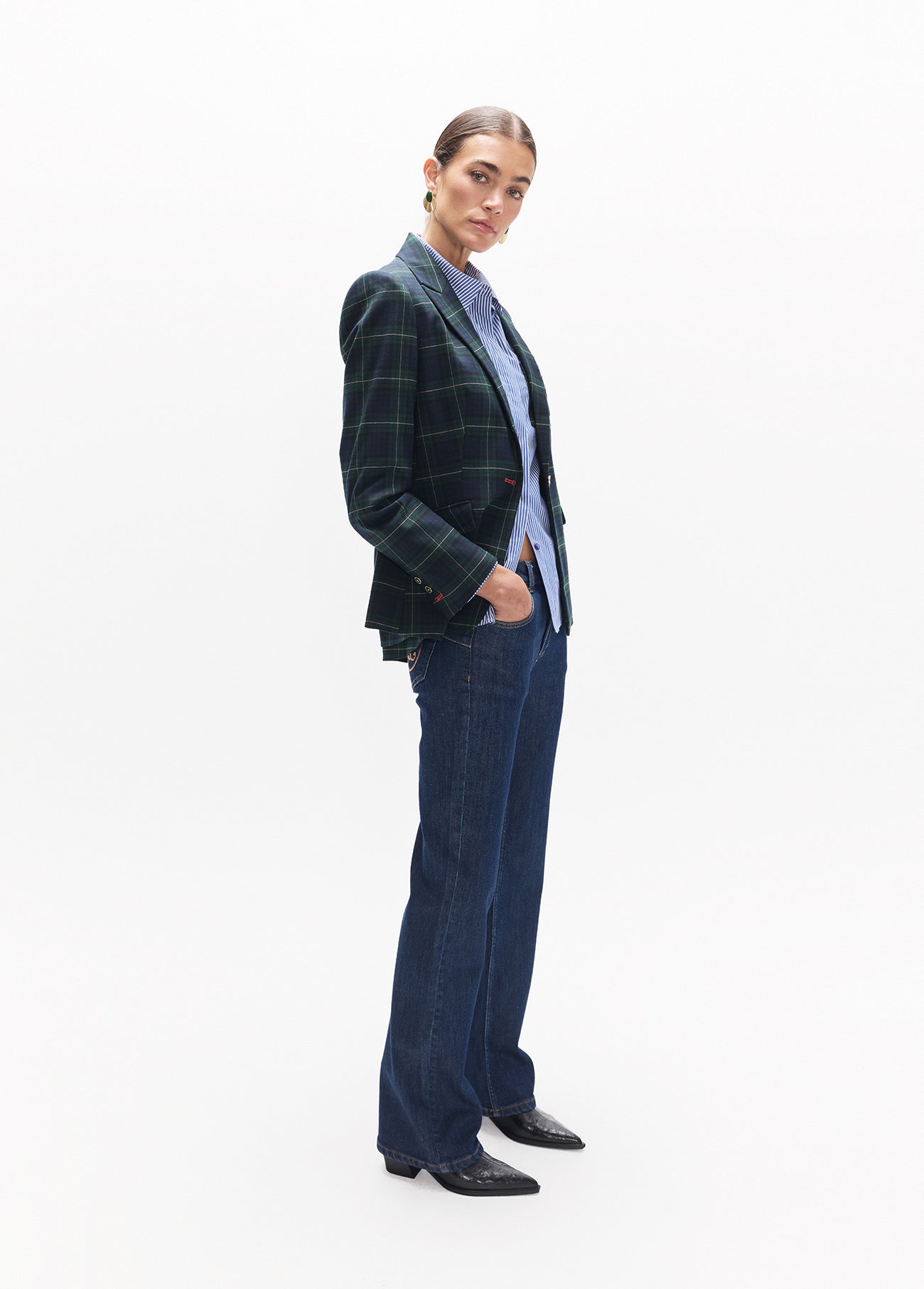 lf2602017-Plaid blazer with shield-Blue-Green
