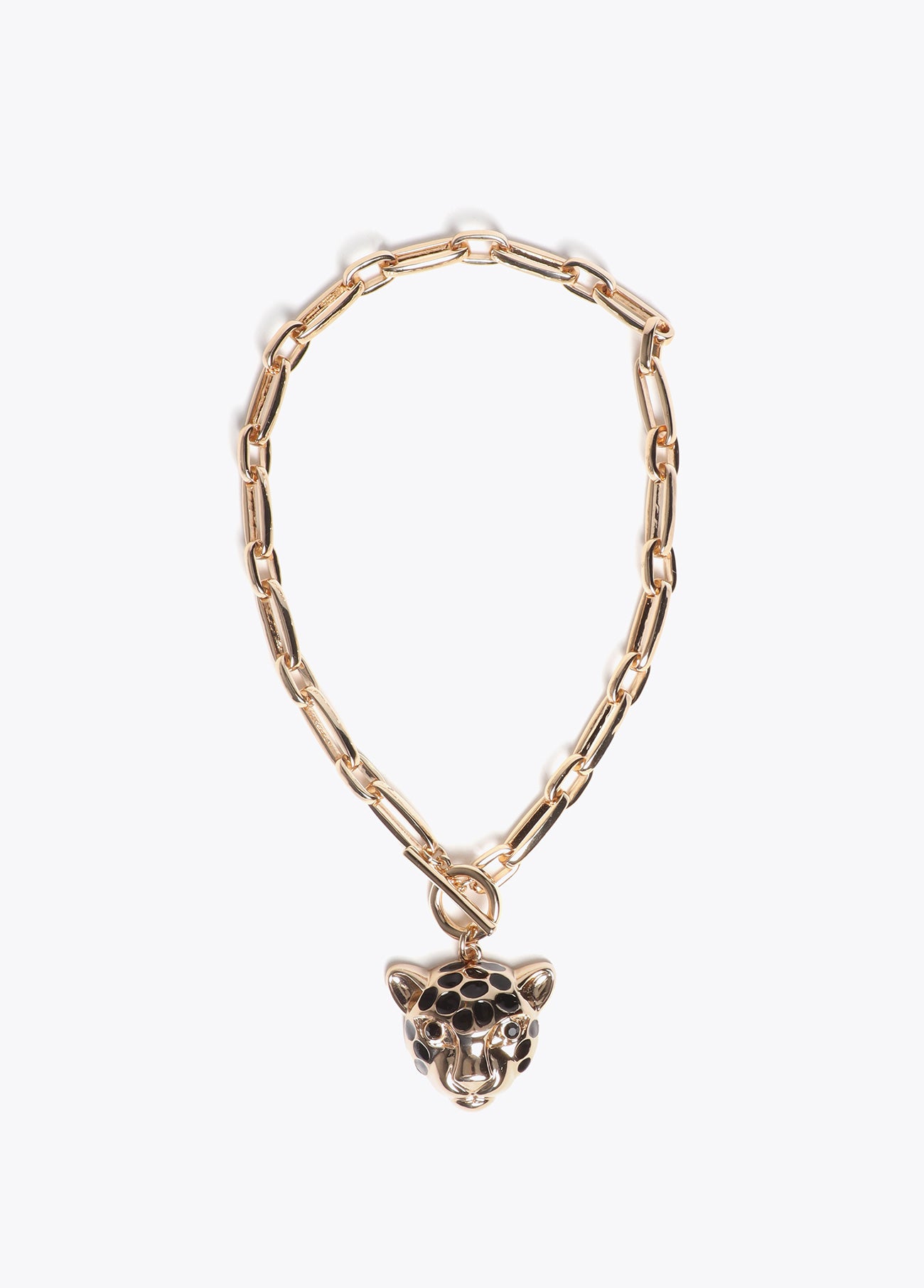 lf2603020-Necklace chain front closure leopard head pendant-Gold