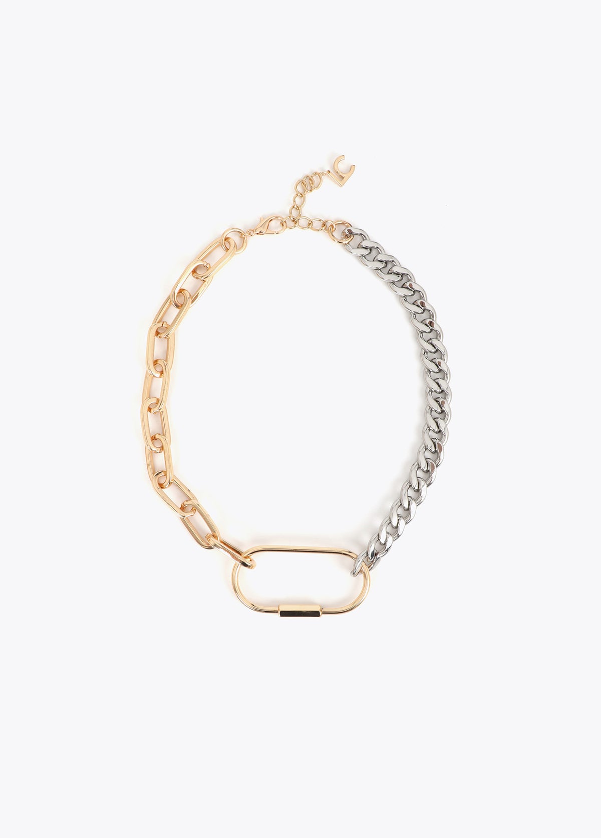 lf2603050-Two-tone chain necklace with front carabiner-Metal-Metal