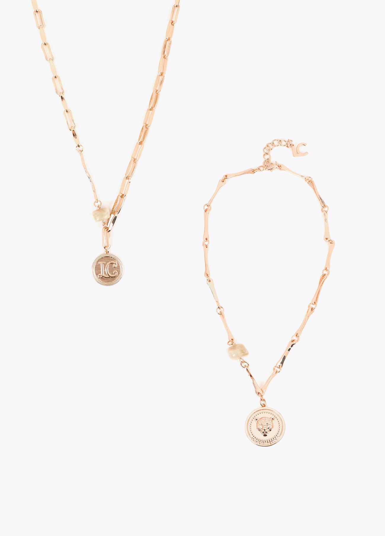 lf2603056-Long double coin necklace with marbled resin pieces-Metal-Ecru