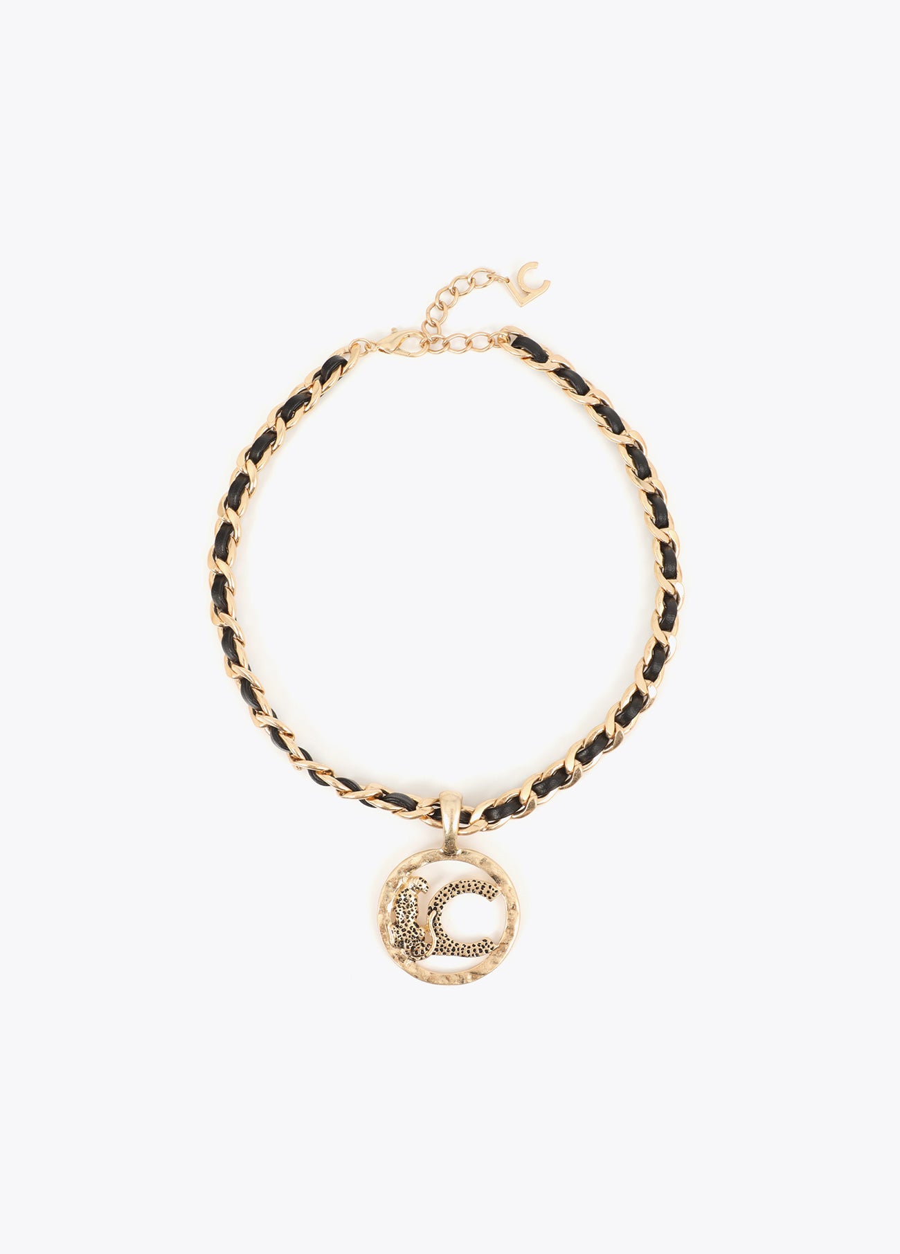 lf2603081-Short necklace with last chain with personalized locket animal logo finished texture-Metal-Black