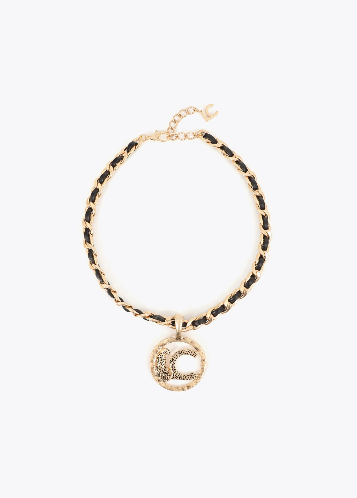 lf2603081-Short necklace with last chain with personalized locket animal logo finished texture-Metal-Black