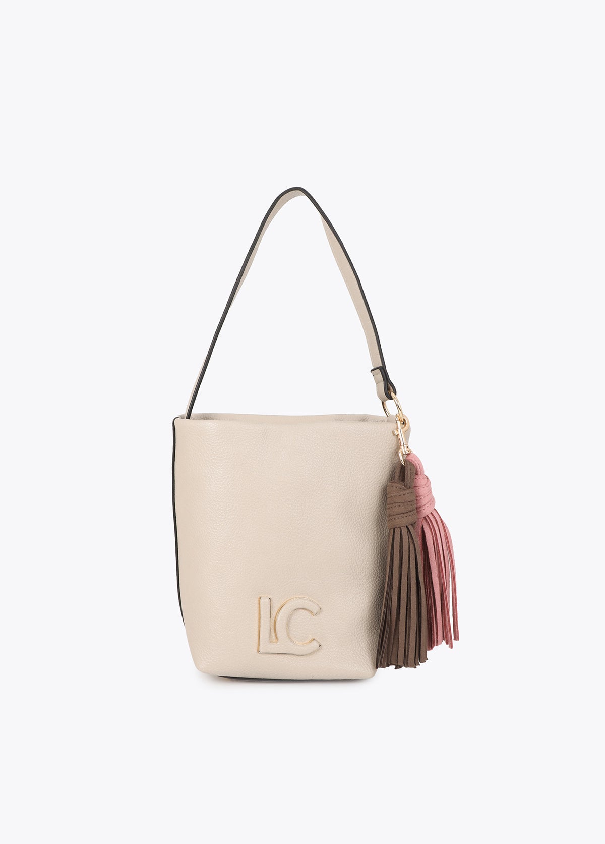 lf2604058-Faux leather shoulder bag with pompoms-Ecru