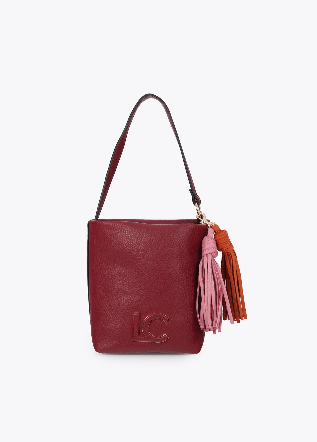 lf2604058-Faux leather shoulder bag with pompoms-Bordeaux