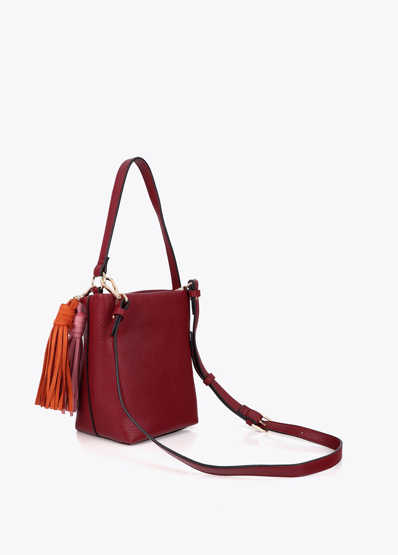 lf2604058-Faux leather shoulder bag with pompoms-Bordeaux