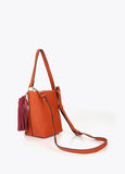 lf2604058-Faux leather shoulder bag with pompoms-Orange
