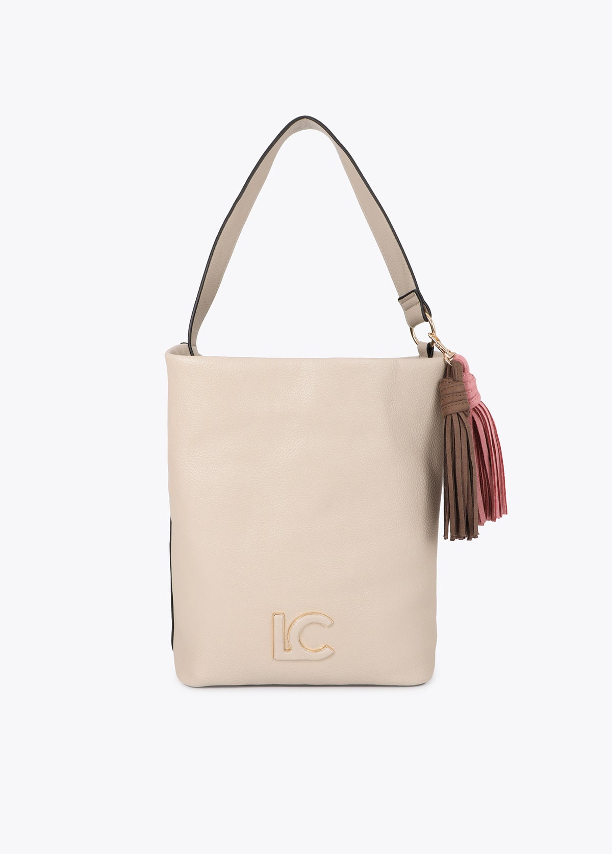 lf2604059-Leather-effect shopper with logo detail on the handle and pompoms-Ecru