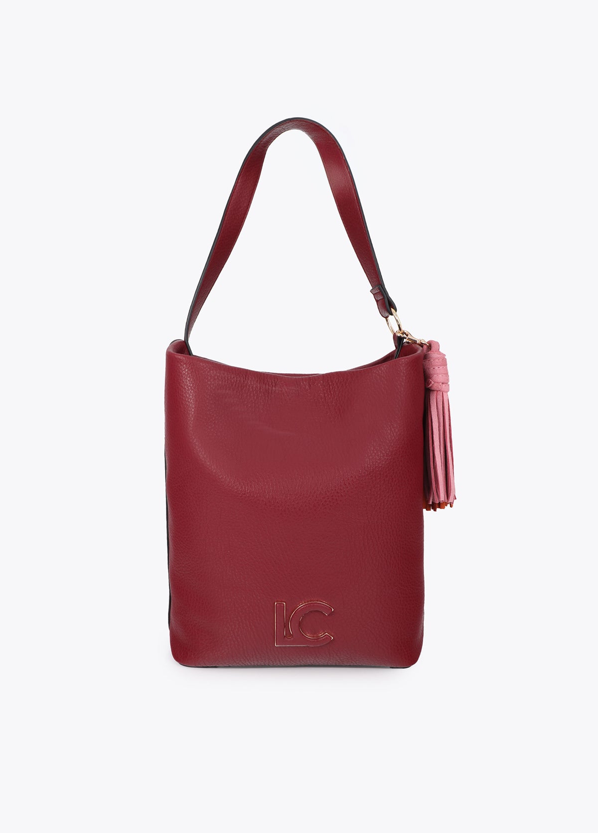 lf2604059-Leather-effect shopper with logo detail on the handle and pompoms-Bordeaux