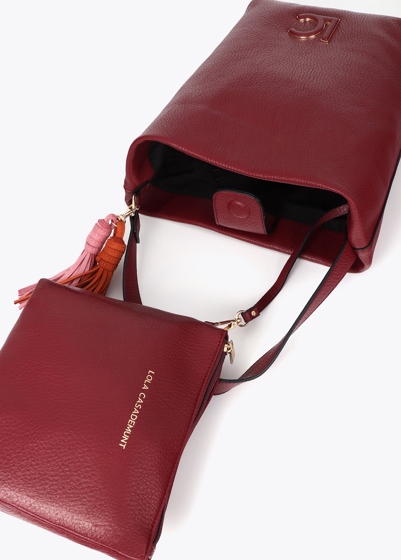 lf2604059-Leather-effect shopper with logo detail on the handle and pompoms-Bordeaux
