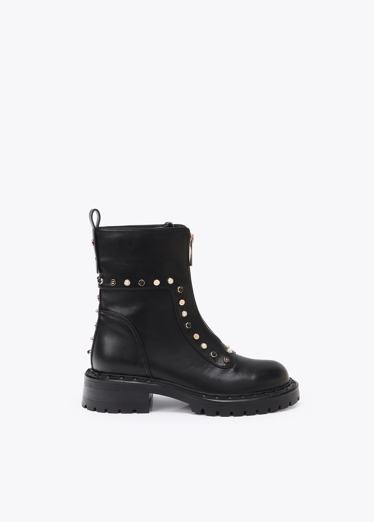 lf2605028-Flat ankle boot with pearl appliqués and LC stud detail-Black