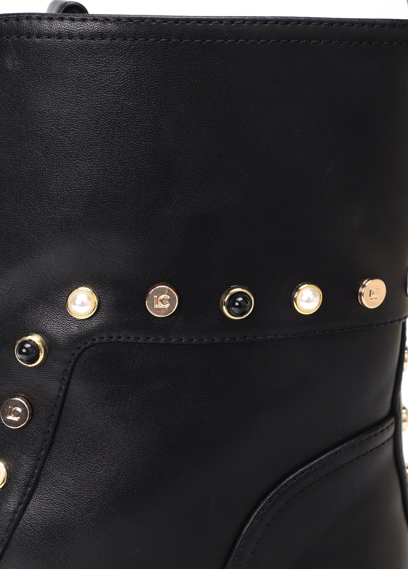 lf2605028-Flat ankle boot with pearl appliqués and LC stud detail-Black