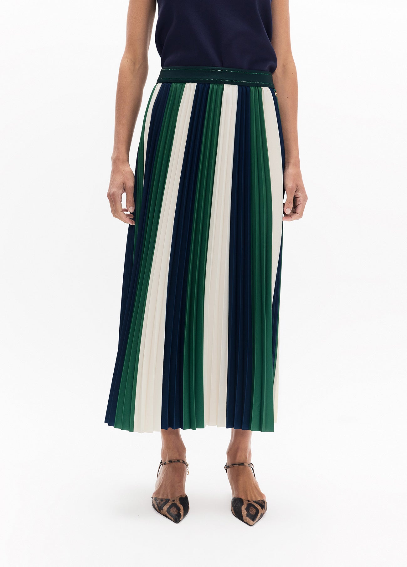 lf2608004-Tricolor pleated midi skirt-Green-Blue