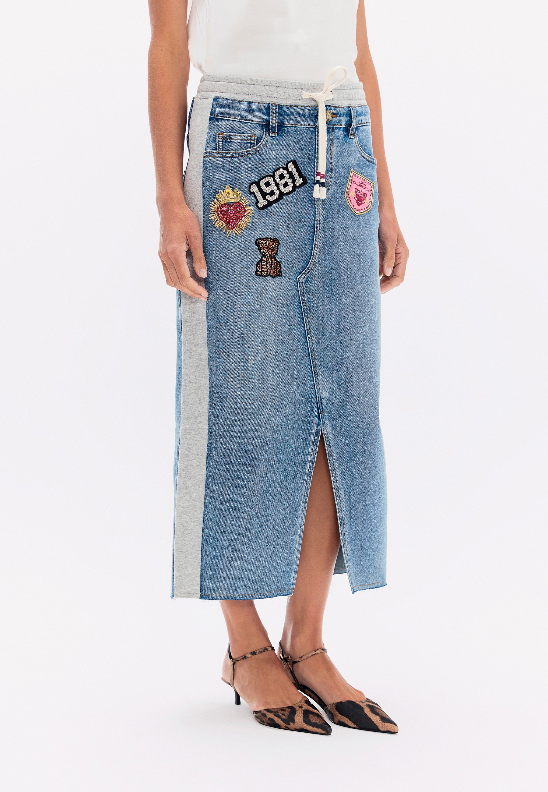 lf2608005-Denim and Jersey Combo Skirt with Patches-Gray Denim
