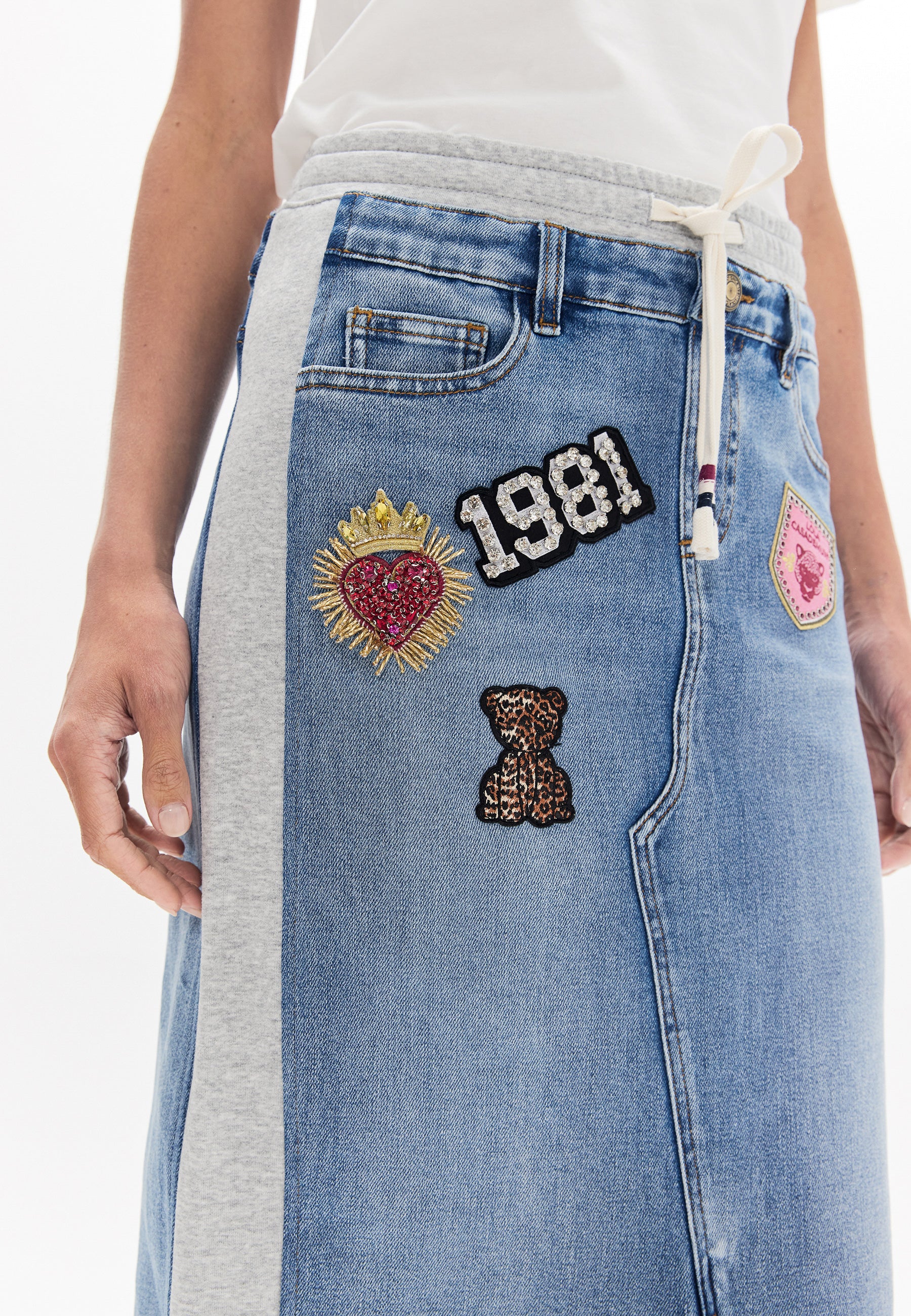 lf2608005-Denim and Jersey Combo Skirt with Patches-Gray Denim