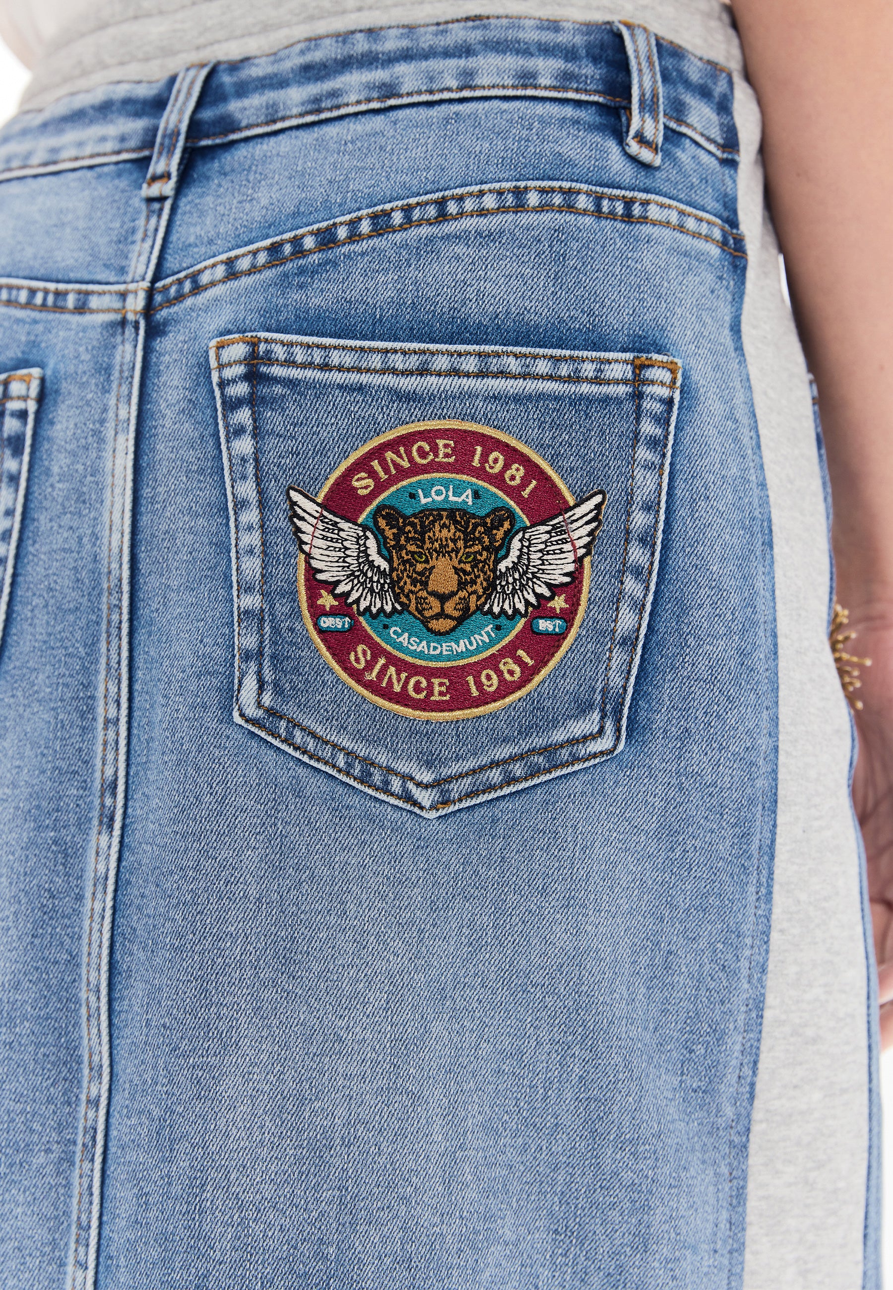 lf2608005-Denim and Jersey Combo Skirt with Patches-Gray Denim