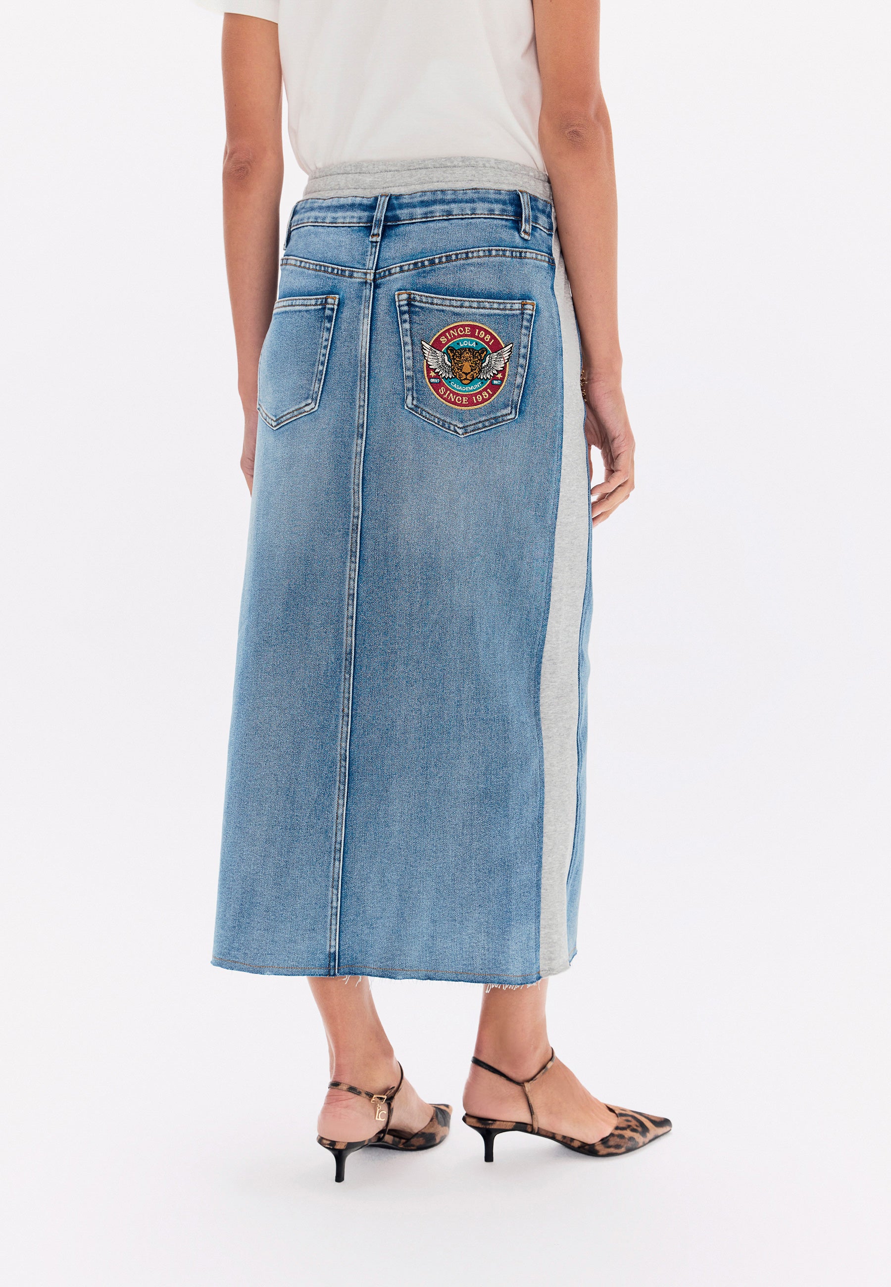 lf2608005-Denim and Jersey Combo Skirt with Patches-Gray Denim