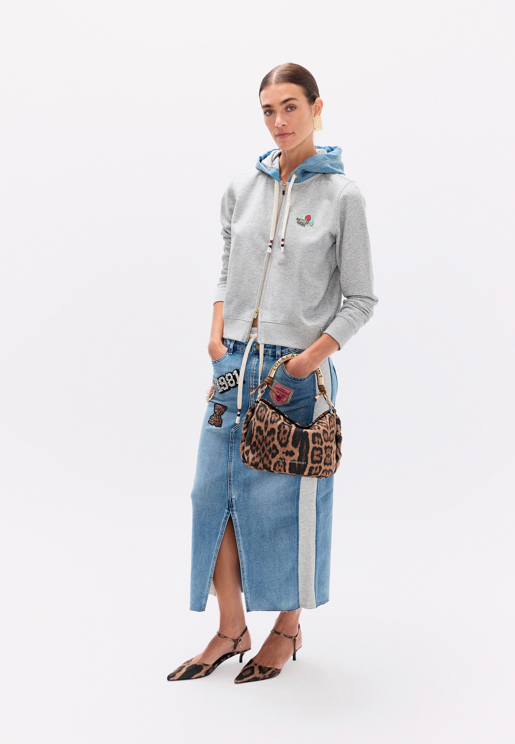 lf2608005-Denim and Jersey Combo Skirt with Patches-Gray Denim