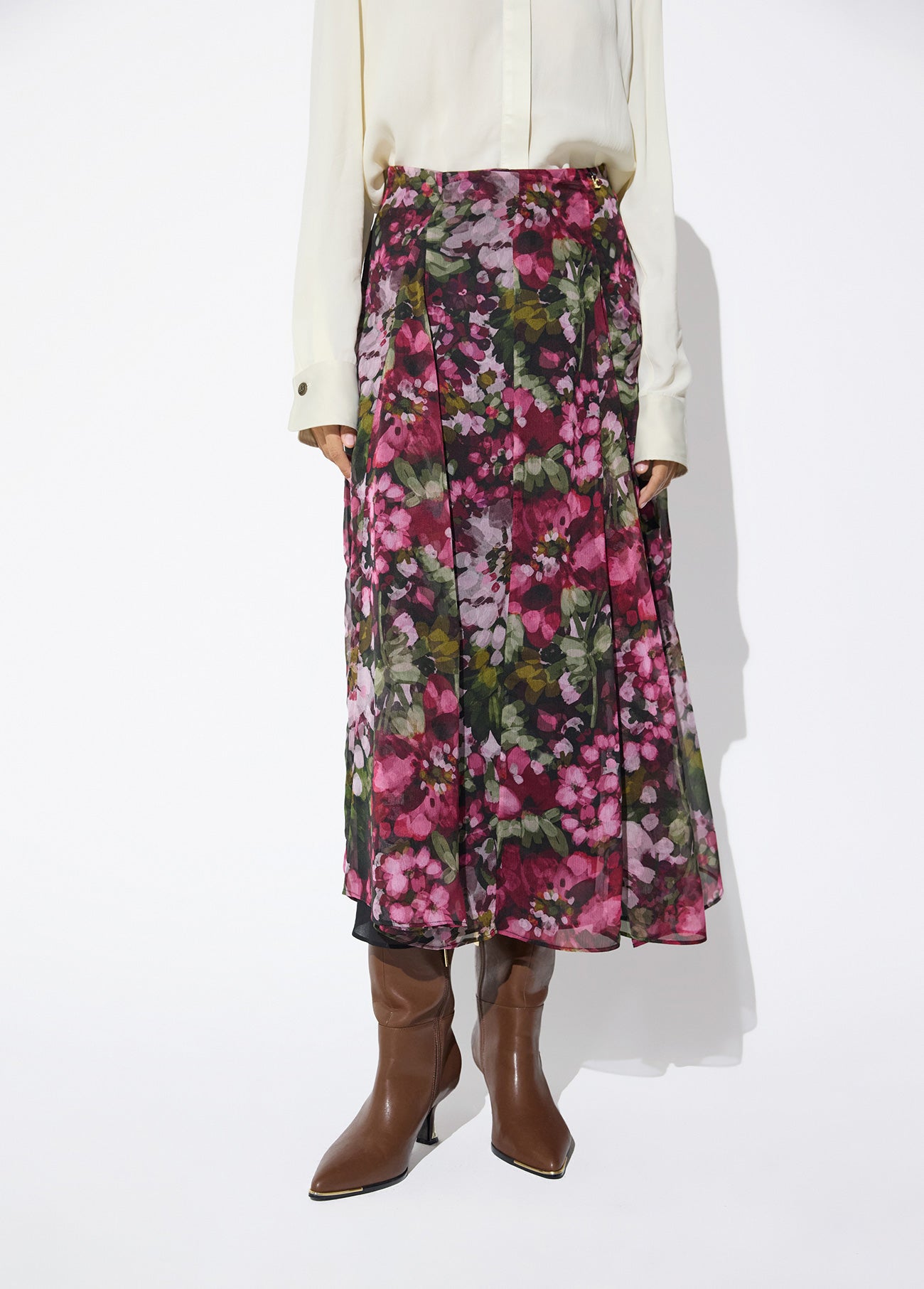 lf2608009-Midi skirt with floral print godets-Green-Green