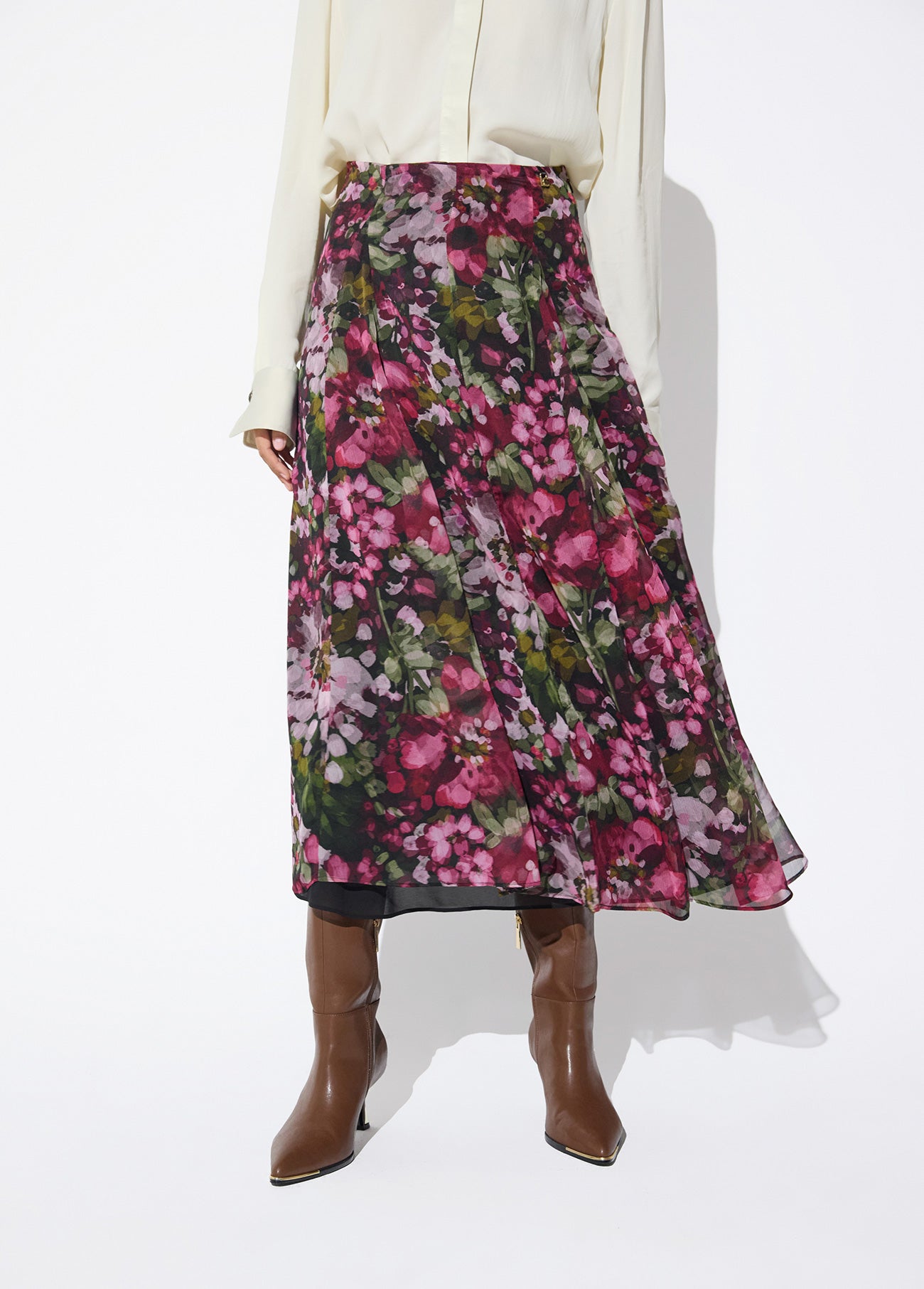 lf2608009-Midi skirt with floral print godets-Green-Green