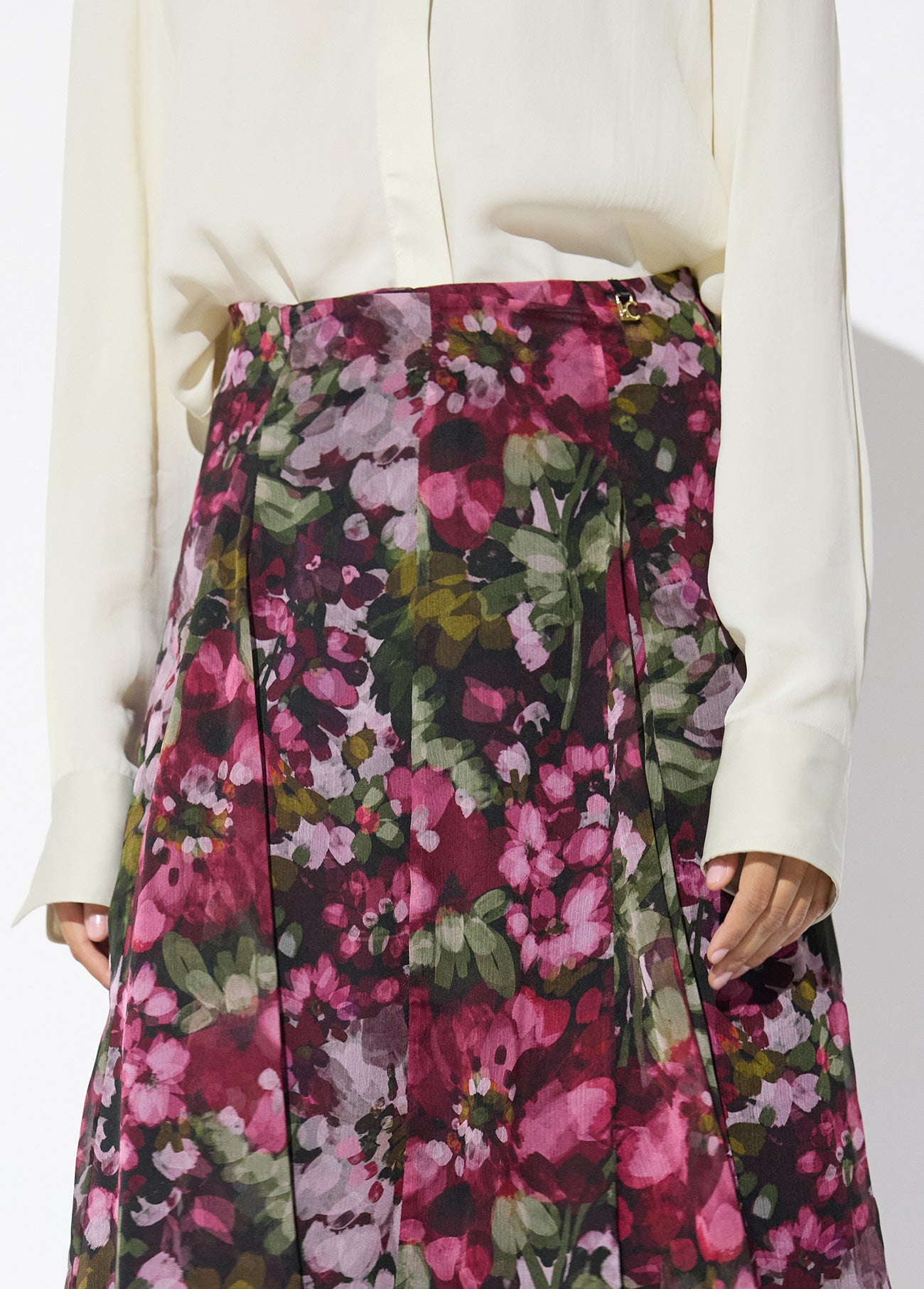 lf2608009-Midi skirt with floral print godets-Green-Green