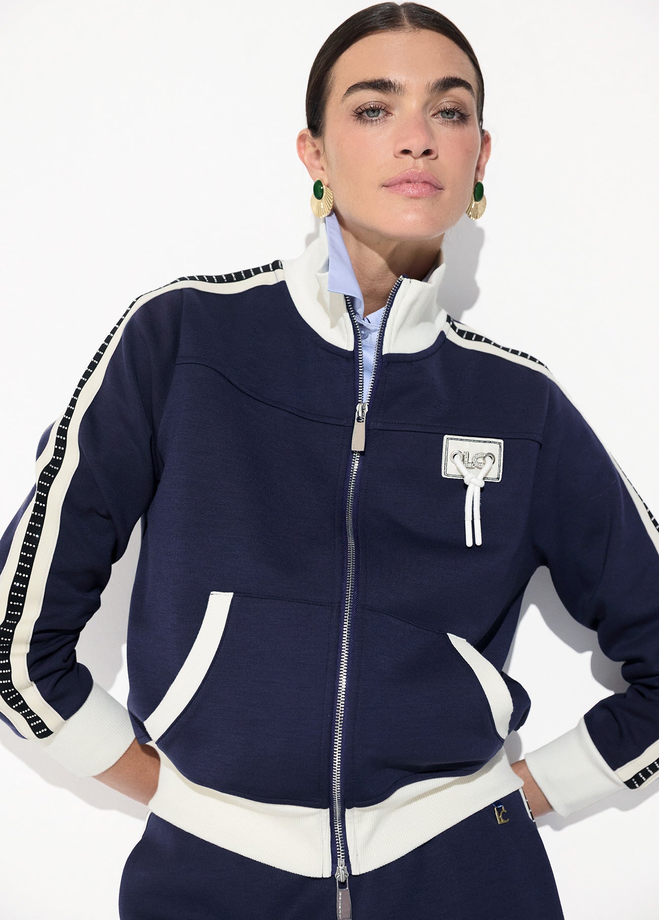 lf2611031-Sweatshirt with two-tone side stripe detail and rhinestones, front and back patch-Medium Blue