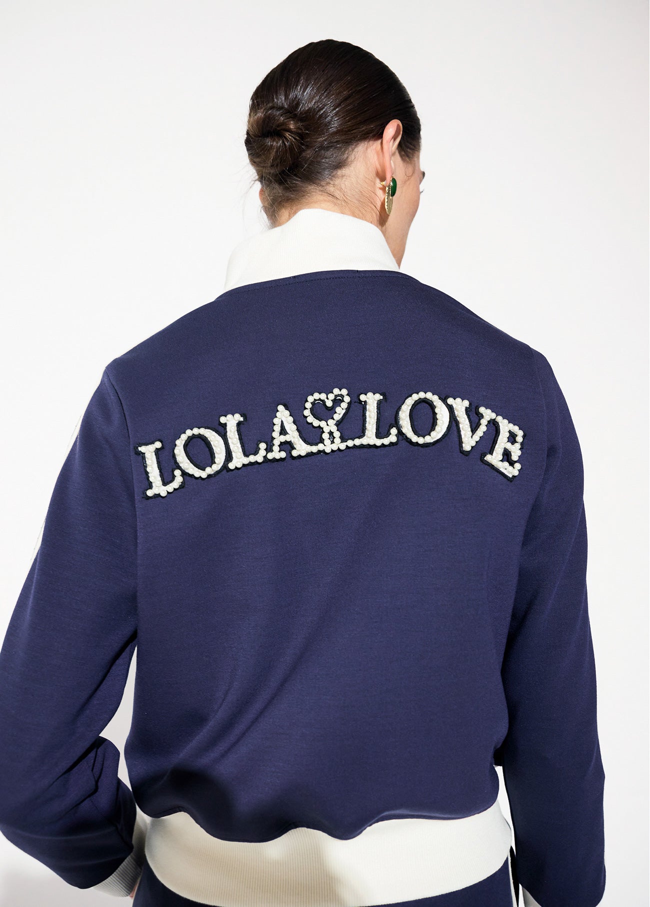 lf2611031-Sweatshirt with two-tone side stripe detail and rhinestones, front and back patch-Medium Blue