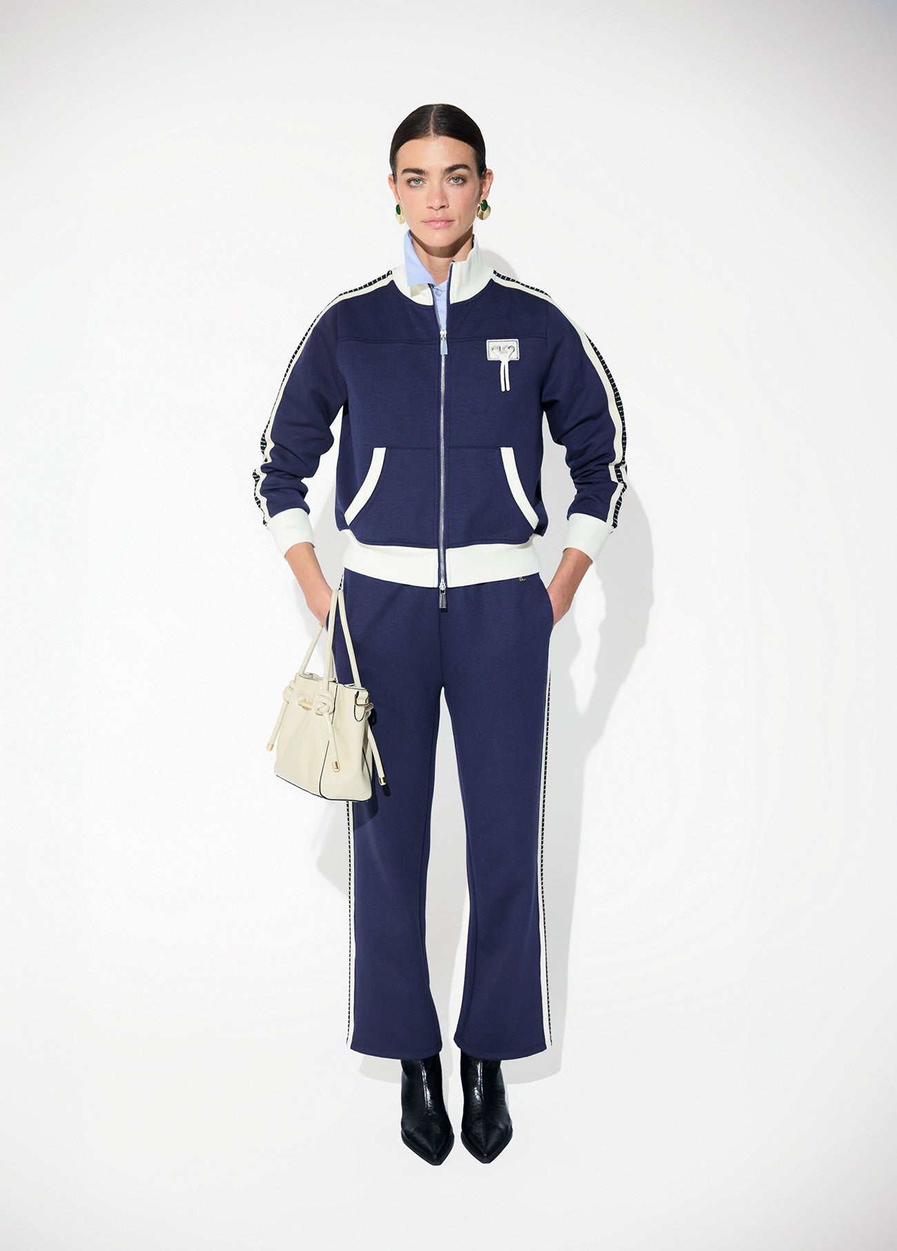 lf2611031-Sweatshirt with two-tone side stripe detail and rhinestones, front and back patch-Medium Blue
