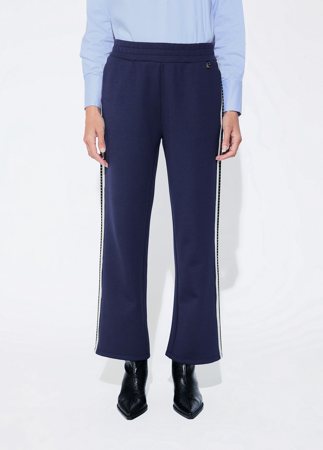 lf2614010-Jogger trousers with two-tone side band detail and blue rhinestones-Medium Blue