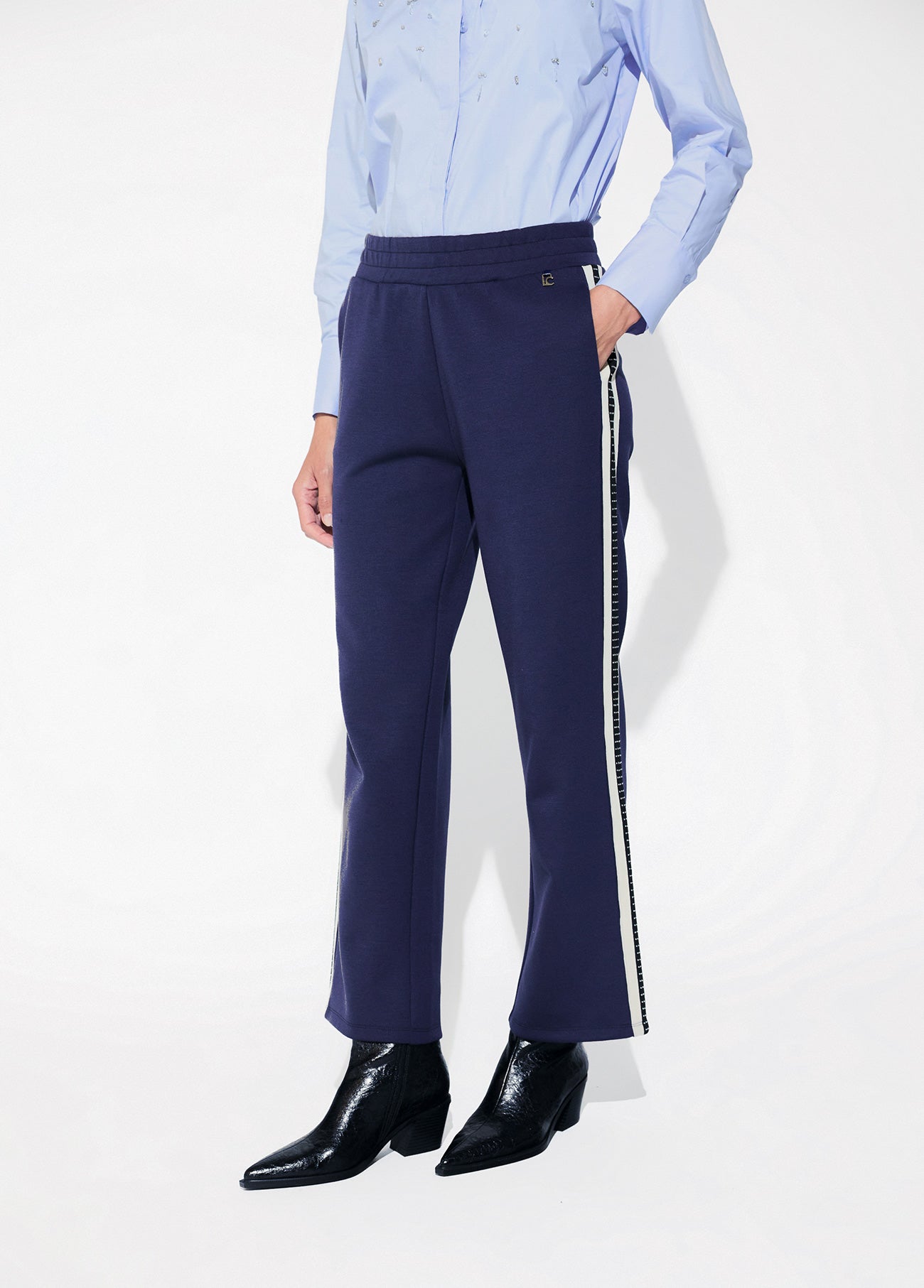 lf2614010-Jogger trousers with two-tone side band detail and blue rhinestones-Medium Blue