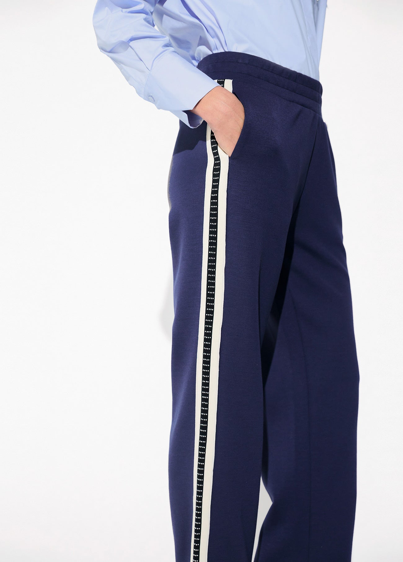 lf2614010-Jogger trousers with two-tone side band detail and blue rhinestones-Medium Blue