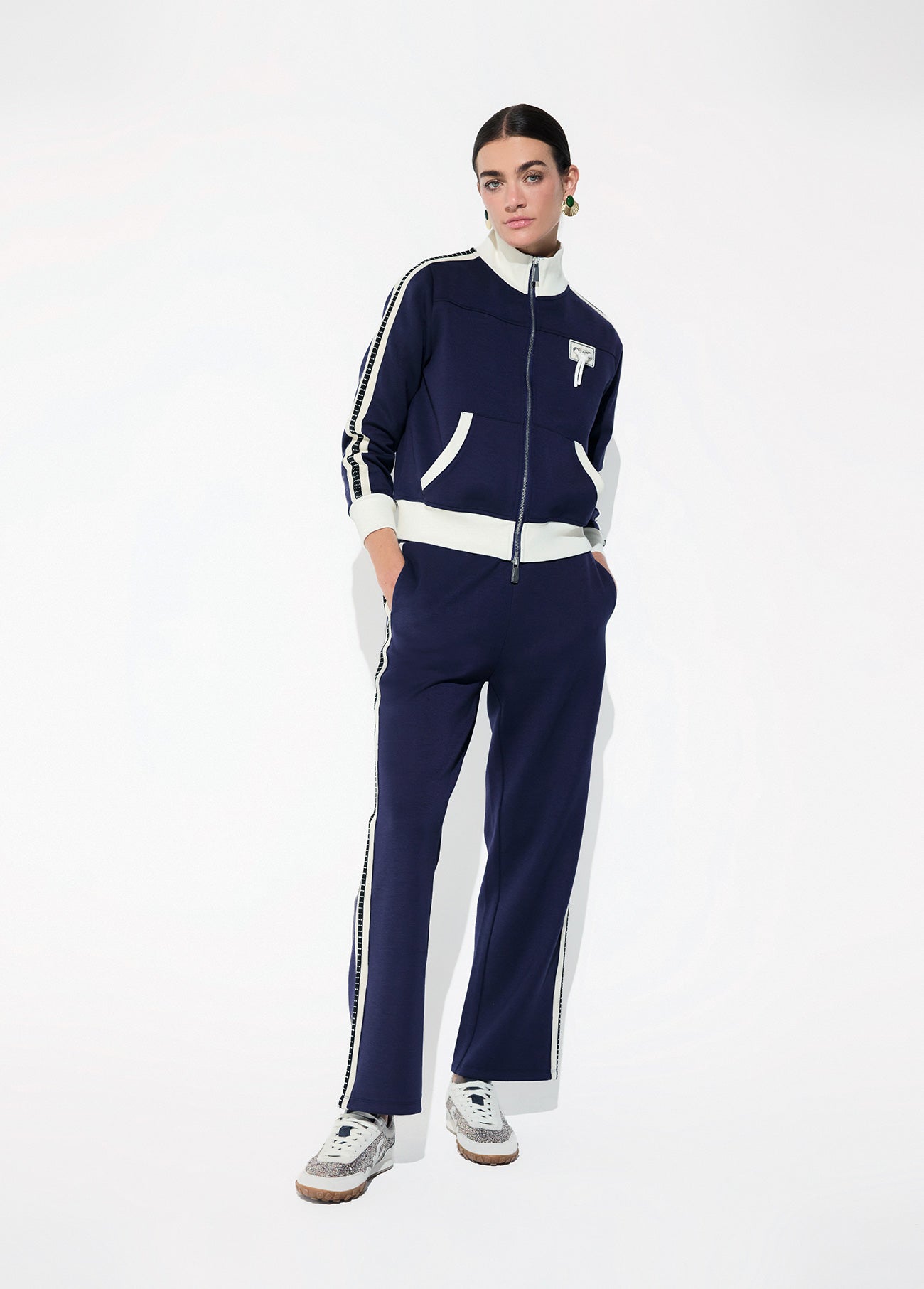 lf2614010-Jogger trousers with two-tone side band detail and blue rhinestones-Medium Blue