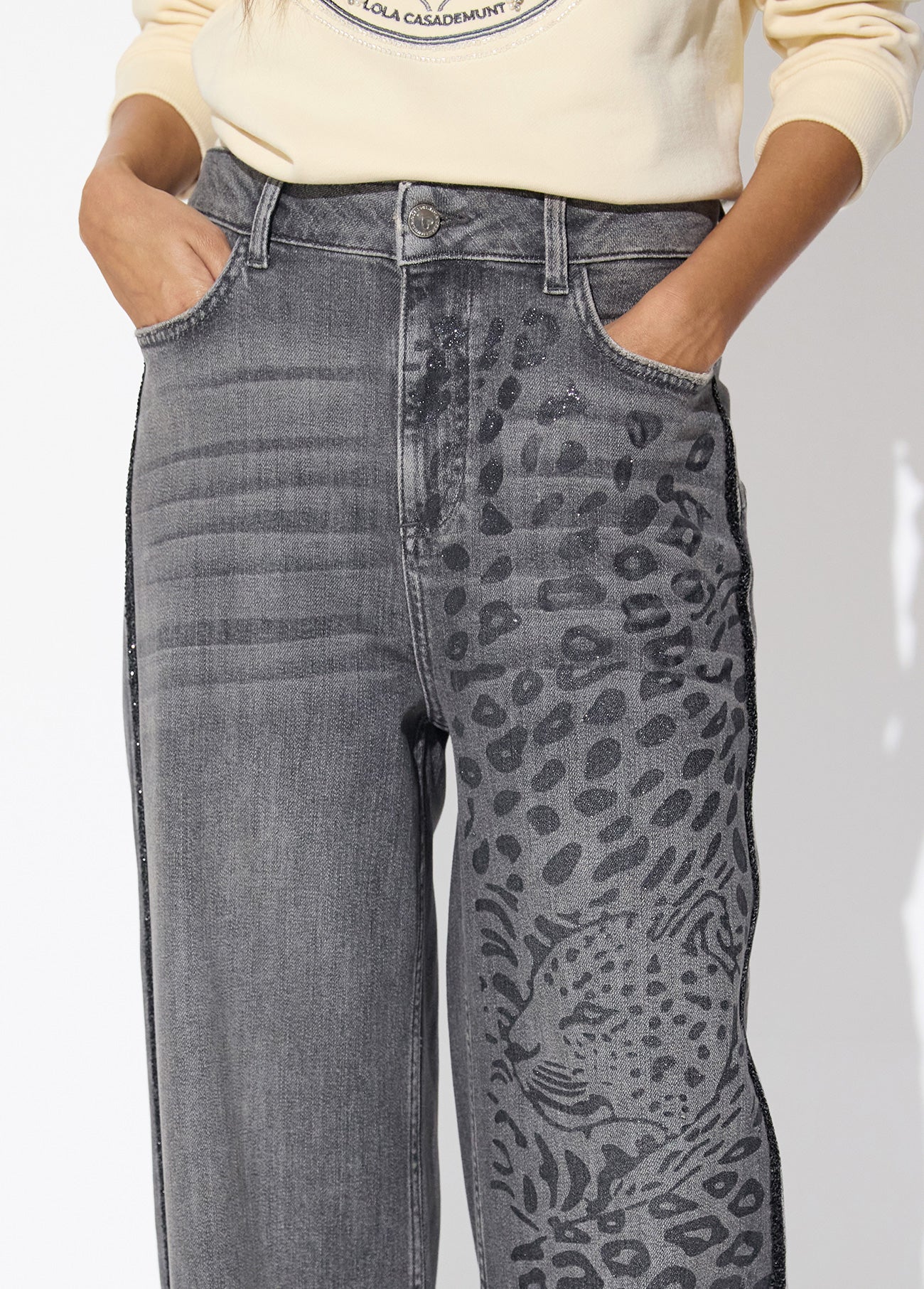 lf2614017-Leopard straight camal jeans with matching leather effect-Dark Grey