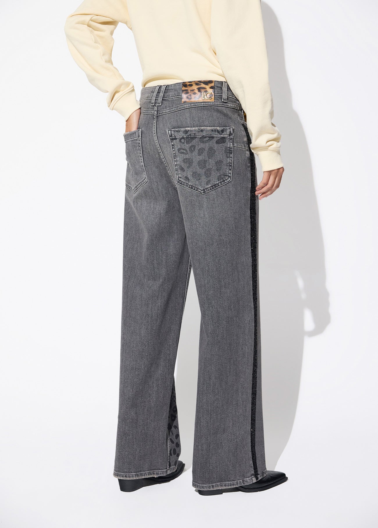 lf2614017-Leopard straight camal jeans with matching leather effect-Dark Grey