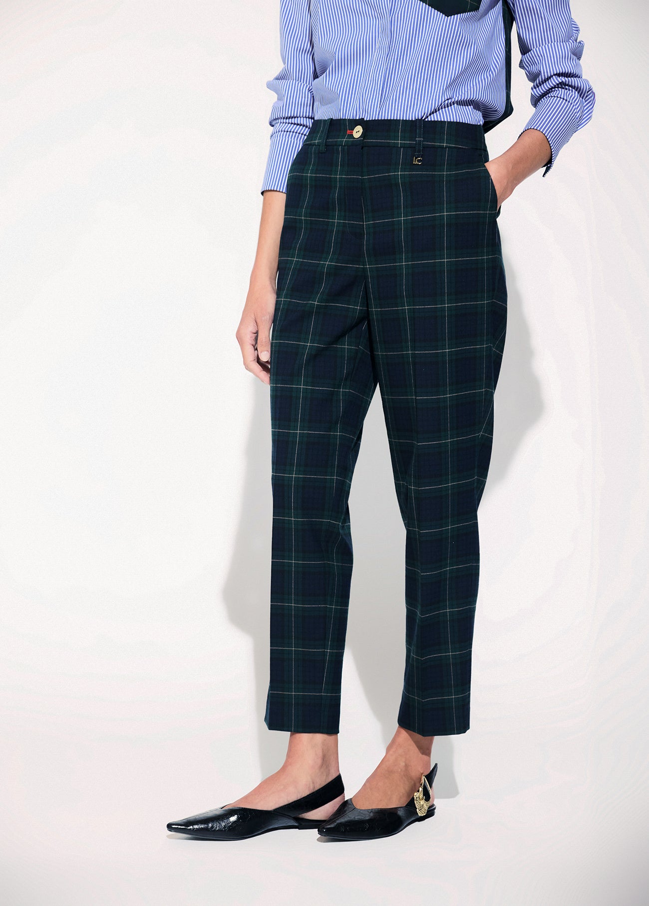 lf2614024-Barcelona plaid silhouette trousers-Blue-Green